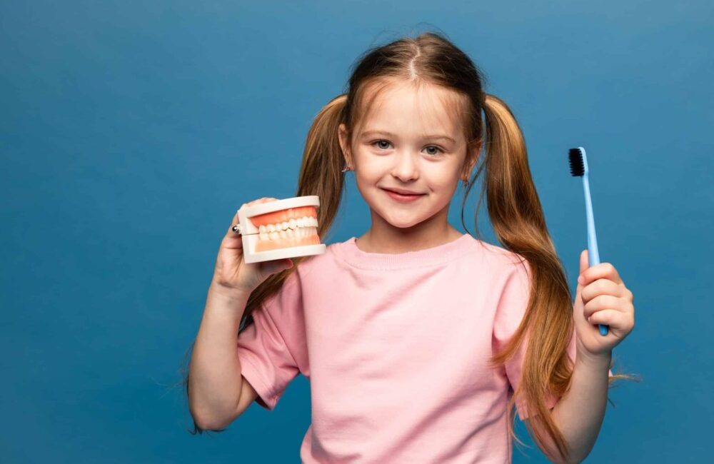 Little,Girl,Holding,A,Model,Of,A,Jaw,With,Teeth Top Pediatric Dentist in Rexburg